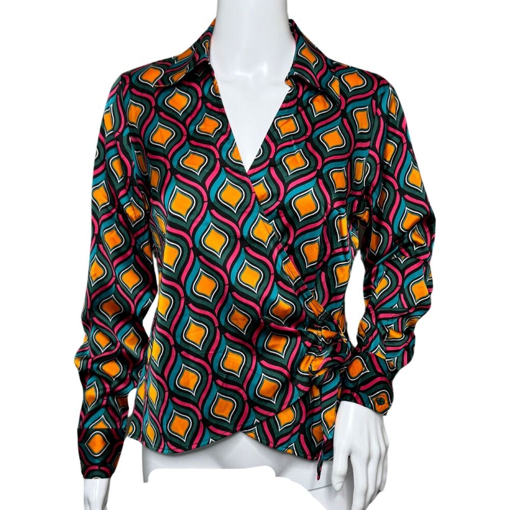 Cupcakes and Cashmere Shirt Womens Small Blue Orange‎ Geometric Satin Colorful